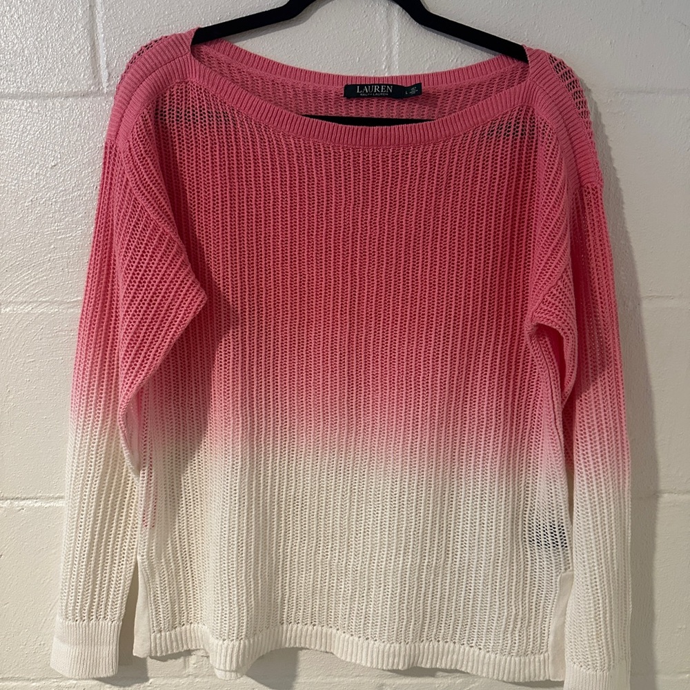 LAUREN Ralph Lauren Dip Dye Pink and White Ombre Linen Cotton Sweater L
